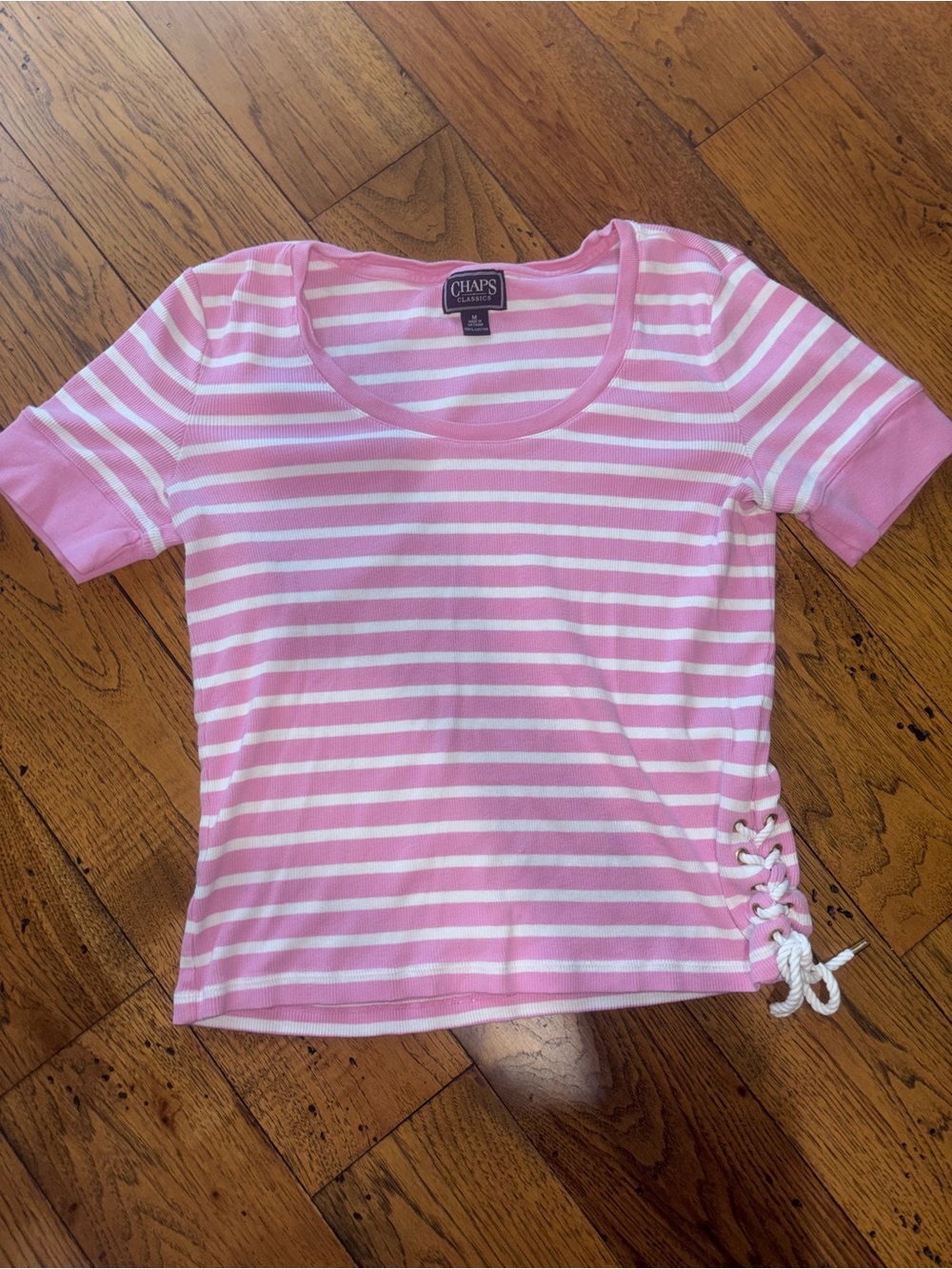 Chaps Women’s Pink & White Striped Scoop Neck Tee with Lace Up Detail Size M